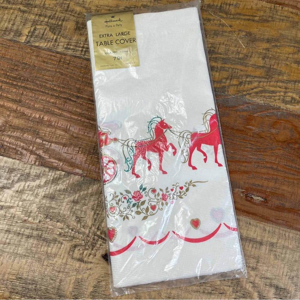 Vintage Hallmark Carriage Horse hearts Paper Tablecloth Table Cover 60 x 102